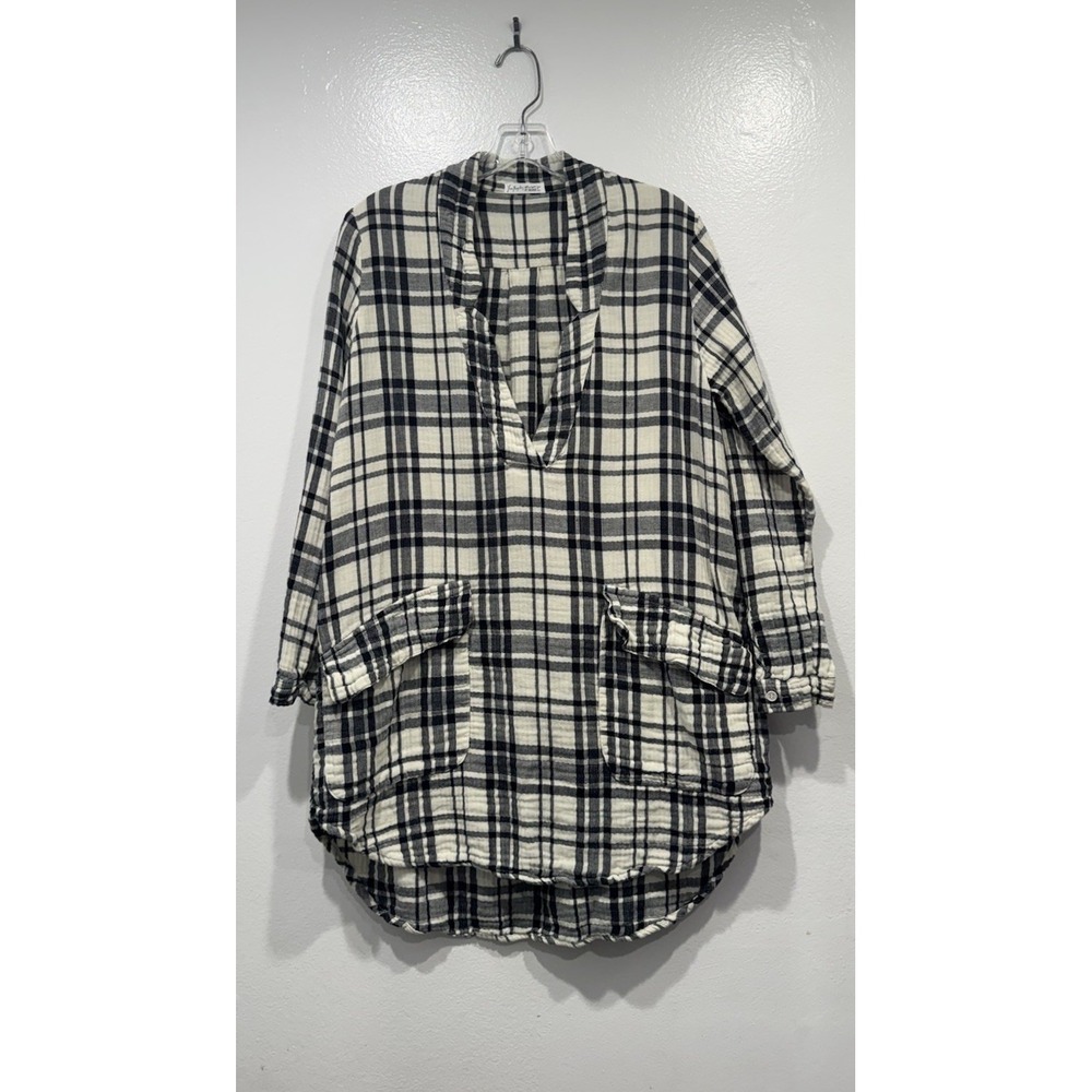CP Shades X Free People Oversized Tunic Top Size XS Black Ivory Plaid Boho